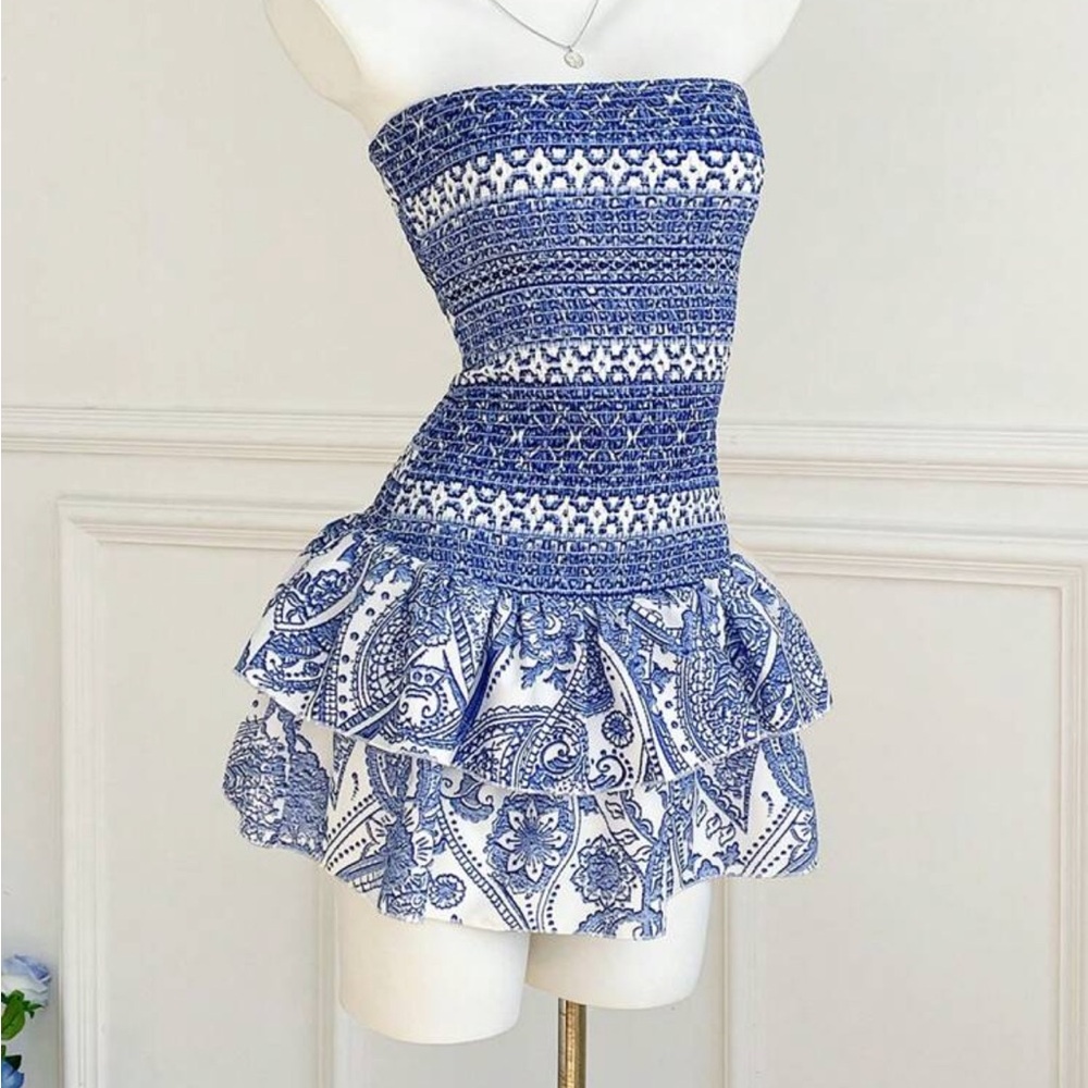 Blue and White Strapless Dress